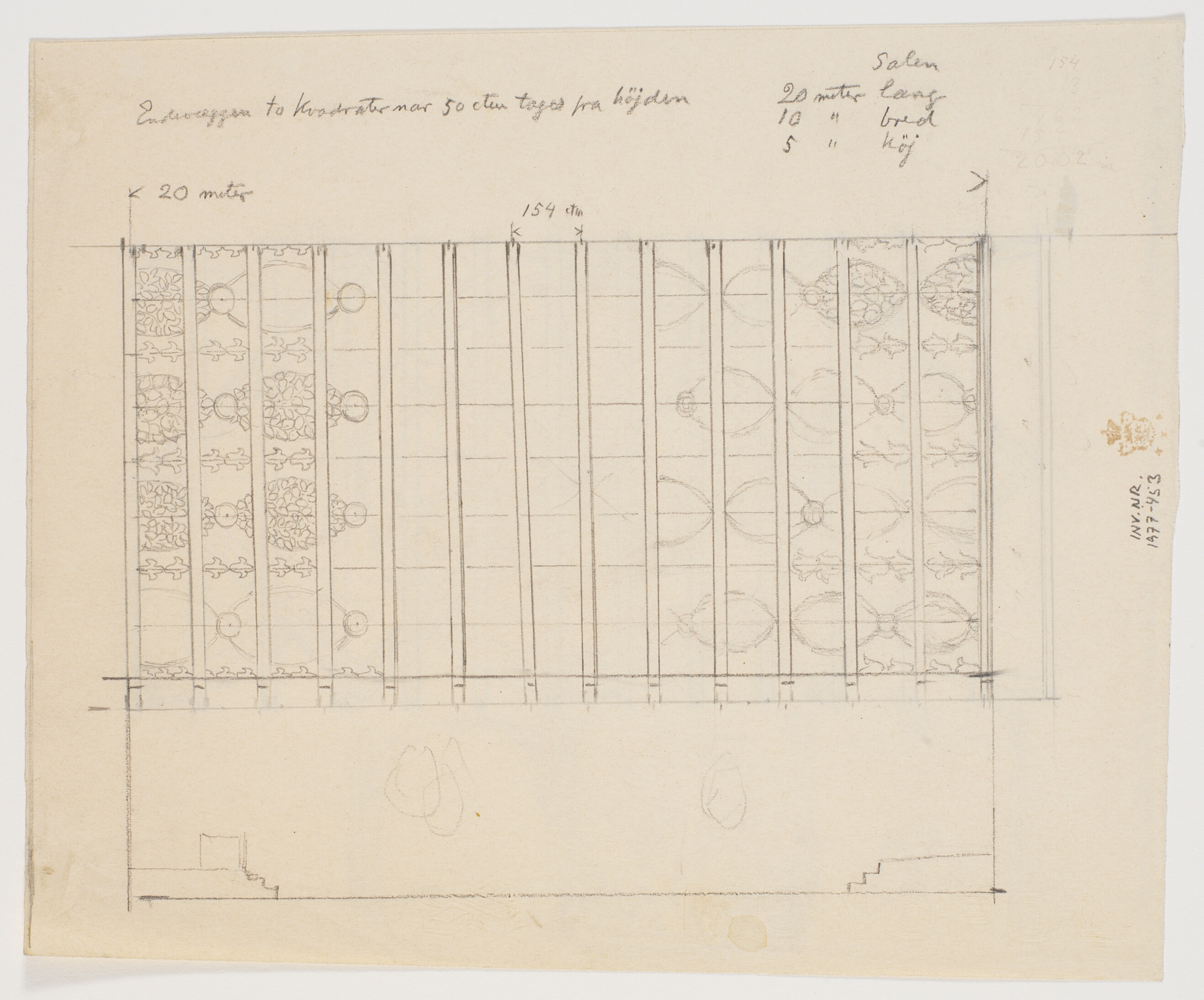 Udkast til loftsudsmykning samt forskellige notater vedr. dimensionering